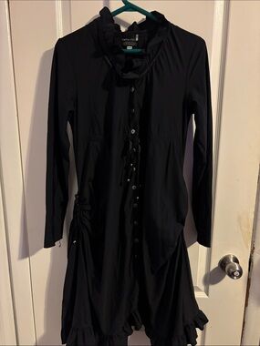 Vintage Black Ruffle-Detail Long Sleeve Button Dress